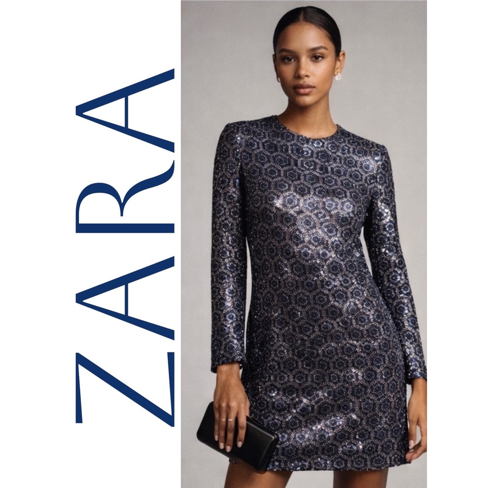 Zara W&B‎ Sequin Geometric Shift Dress Navy Silver Long Sleeve Mini Cocktail, S